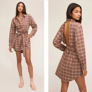 Marissa Webb Brett Lightweight Flannel U-Back Mini Dress Size M Mesa Tan Plaid